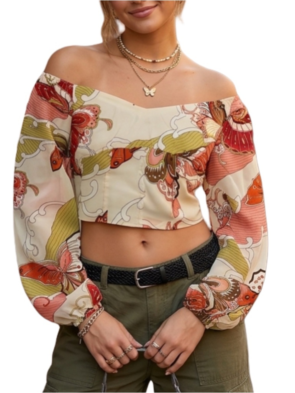 Y2K Butterfly Print Long Sleeve Crop Top Fairycore Vintage